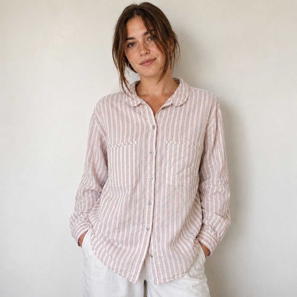 Coyuchi Womens Top Large Tan Striped Button Front Organic Cotton Long Sleeve